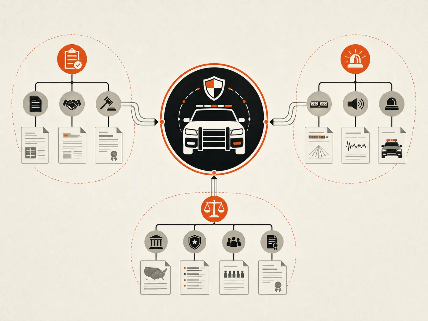 Diagram showing procurement, technical specification, and regulatory content clusters converging on B2G vehicle signaling authority